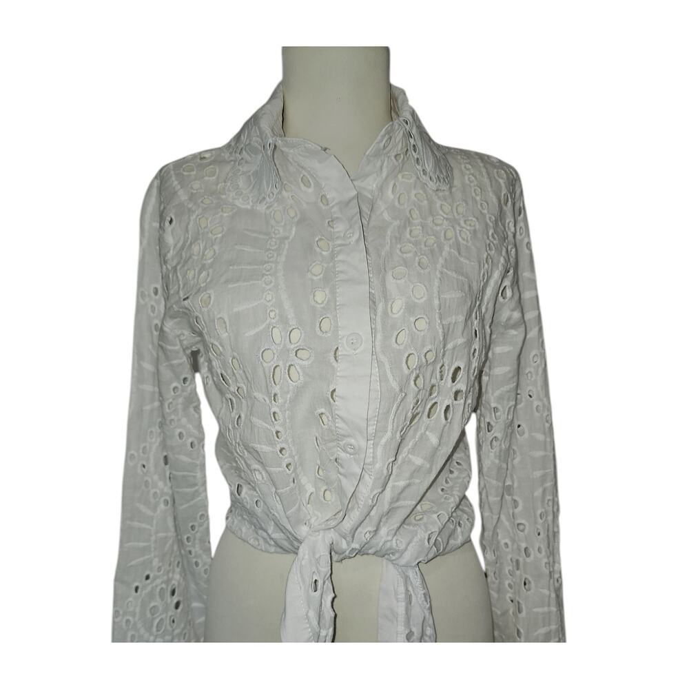 Boho Eyelet Top Womens Medium Tie Waist White Western Resort Wear Collar Button